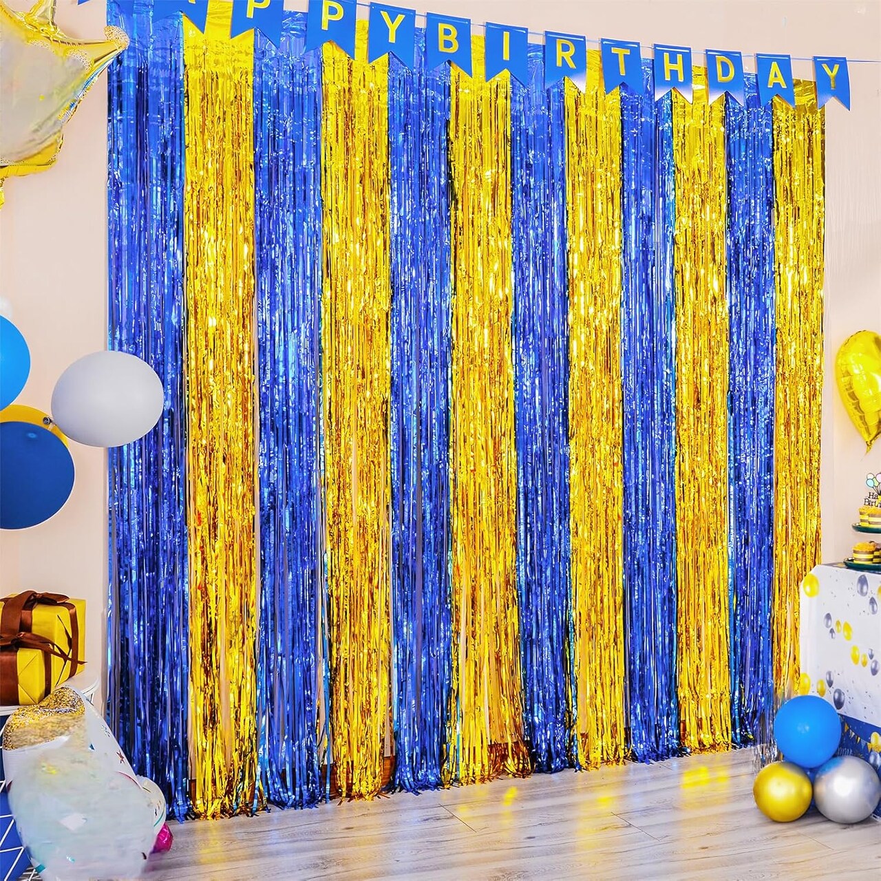 2-Pack Navy Blue & Gold Foil Fringe Curtains 3.3x6.6ft Party Backdrop Decorations